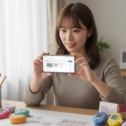 スマートフォンを使い、自宅で「一番くじ倶楽部」公式サイトにアクセスして、たまごっち一番くじの取り扱い店舗を検索している日本人女性。