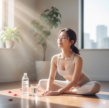 ヨガウェアを着た日本人女性が、床に座って目を閉じ、穏やかに瞑想している。隣には「Cycle.me たんぱく質がとれる水」のボトルと水が入ったグラスがあり、光の粒子が舞っている。