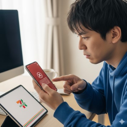 セブンイレブン公式アプリの不具合が発生し、スマートフォンの画面(エラー表示)を指差している様子。