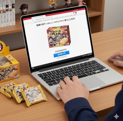 ラップトップで鬼滅の刃ウエハースのオンライン予約ページを見ている人物の手元。ウエハースのパッケージも傍らに置かれている。