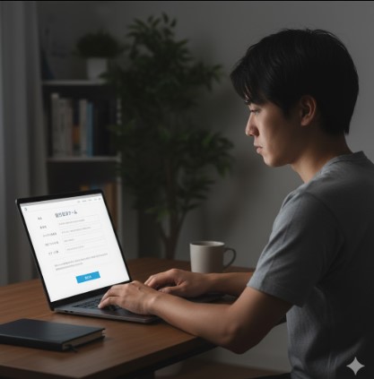 夜間、自宅のデスクでノートパソコンに向かい、お問い合わせフォーム（文字なし）に真剣な表情で入力する日本人男性。