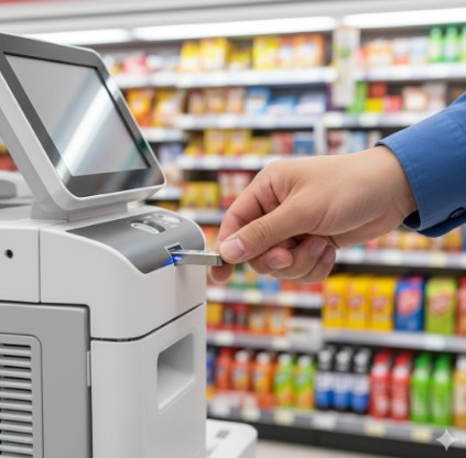 コンビニのマルチコピー機のスロットに、USBメモリを挿入している手のクローズアップ。