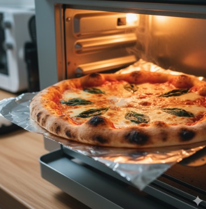 オーブントースターでチーズが溶けて美味しく焼かれている冷凍ピザ（金のマルゲリータ）。