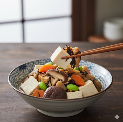 セブンイレブンの「7種具材のお豆腐とひじきの煮物」が、家庭的な器に盛り付けられている。豆腐、ひじき、枝豆など様々な具材がバランス良く配置され、ヘルシーな印象。