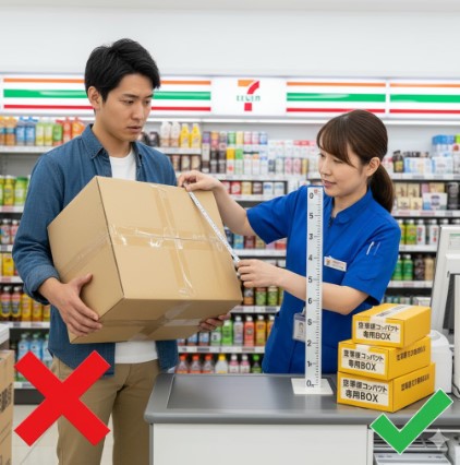 日本人男性客が大きな段ボール箱をコンビニのレジに持ち込み、女性店員がメジャーでサイズを計測している。横には宅急便コンパクト専用BOXが積み重ねられている。