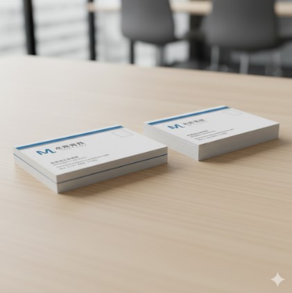 木目調のテーブルに積まれた、セブンイレブンの「はがき」に印刷されたビジネス名刺。名刺の厚みと質感を強調。