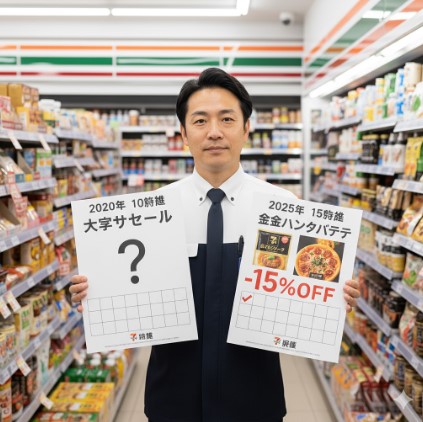 コンビニ店長が「2020年10周年 大字セール？」と「2025年15周年 金のハンバーグ、金のマルゲリータ -15%OFF」と書かれたボードを手に持ち、セールの比較を示す。