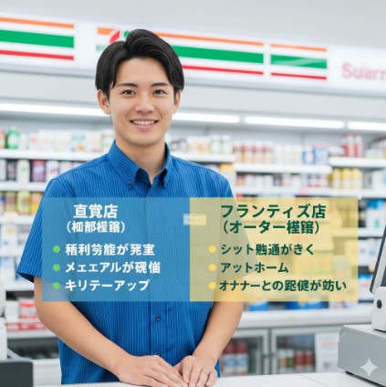 若い日本人男性がコンビニの制服を着て笑顔で働いている。背景には「直営店」と「フランチャイズ店」のメリットとデメリットを比較するような図が薄く描かれている。

