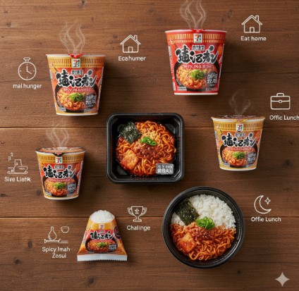 様々な種類のセブンイレブン「蒙古タンメン中本」シリーズの商品が木製のテーブルに並べられている。カップ麺、冷凍麺、カップ飯、おにぎりなどが食シーンのアイコンと共に配置されている。