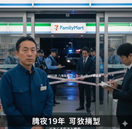 閉鎖されたファミリーマートの入り口で捜査する警察官たちを背景に、深刻な表情で立つ日本人男性店長。「2021年 八王子市 ファミリーマート強盗」と表示され、夜間の強盗事件の状況を示す。