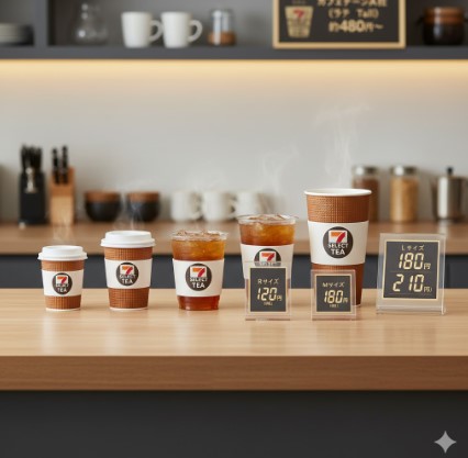 セブンイレブンのカウンターに並べられたRサイズとLサイズ（ホット・アイス）の紅茶カップと価格表示