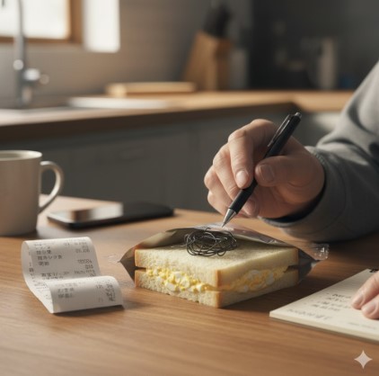 クレームの証拠としてテーブルに並べられた、購入時のレシートと問題のある商品（サンドイッチ）。