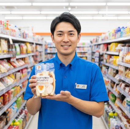 コンビニ店員が、温める前の「たんぱく質が摂れるチキン&チリ」サンドイッチを顧客におすすめしている様子。