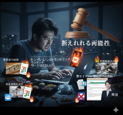 夜の部屋で険しい表情でノートパソコンを操作する日本人男性。画面にはSNSの投稿画面が表示され、「セブンイレブンのサンドイッチがひどい」という書き込みが見える。周囲には「名誉毀損の指弾」「侮辱罪」「偽計業務妨害」「威力業務妨害」の言葉と、炎上するスマートフォン、裁判所の木槌、謝罪文、警察官のイラストがコラージュされ、SNSでの誹謗中傷が法的な問題に発展するリスクを表現している。