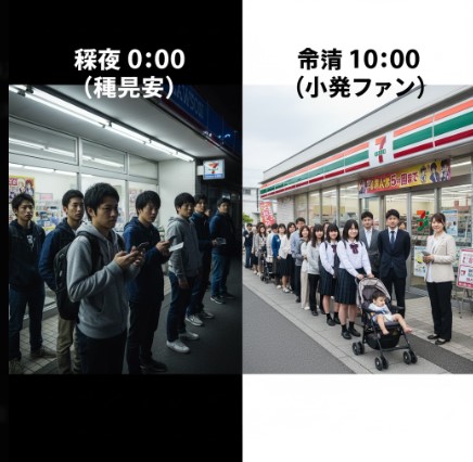 深夜のコンビニ前で一番くじを待つ転売屋と思われる男性グループと、日中のコンビニ前で穏やかに列をなす一般のファン(学生や家族連れ)の対比。