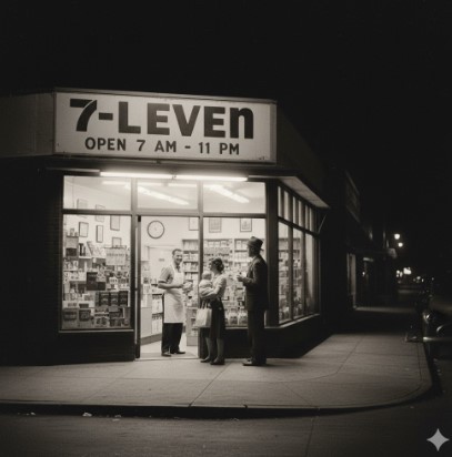 1946年当時のアメリカで夜遅くまで営業している「7-ELEVEn」の店舗と買い物客