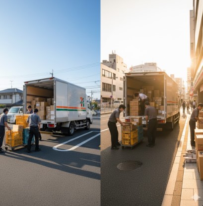 コンビニへの商品配送時間が店舗によって異なり、ある店は午前中に、別の店は午後に納品される様子の比較。