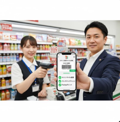 スマートフォンでPayPayアプリとセブンイレブンアプリを同時に表示し、スムーズな決済でポイントをトリプル取りする様子を表現。利便性とポイント獲得のメリットを強調。