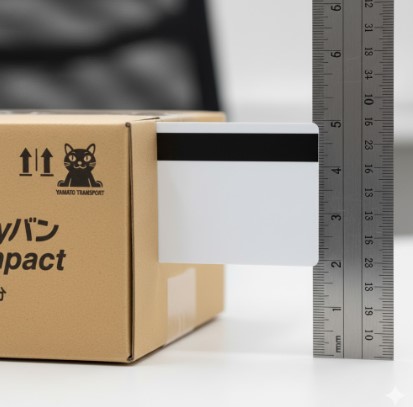ヤマト運輸の宅急便コンパクト薄型専用BOX（厚さ8mm）の厳格な規格を示すクローズアップ図。