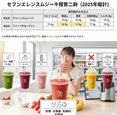 セブンイレブンの店内で、様々なスムージーカップが並べられ、中央に女性がスムージーを飲んでいる。下部には「砂糖・甘味料・着色料・増粘剤 不使用」というメッセージと、それらの添加物を表すアイコンが配置されている。背景にはスムージーの栄養成分表と、古い情報に対する注意喚起のイメージがぼかして表示されている。