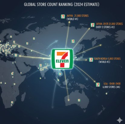 世界地図上にセブンイレブンのロゴと店舗数がマッピングされ、特に日本、韓国、台湾、アメリカに多くの店舗が集中していることを示すグローバル展開図。