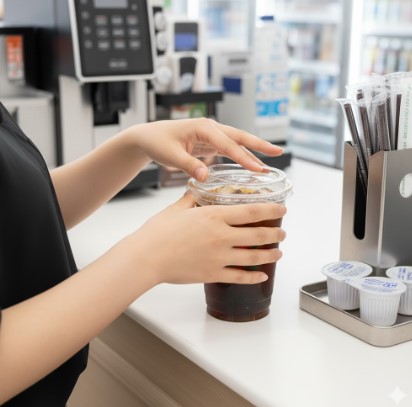 セブンイレブンで、抽出されたアイスコーヒーのカップに、日本人女性が透明な蓋をしっかりとはめ込んでいる。隣にはストローやガムシロップが置かれている。