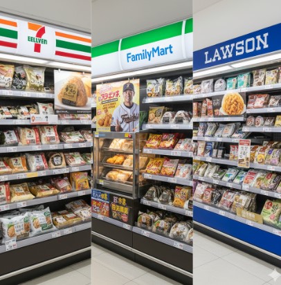 セブン-イレブン、ファミリーマート、ローソンのコンビニエンスストアおにぎりコーナーを比較したトリプルコラージュ。各社の異なる商品陳列やブランド戦略が示されている。