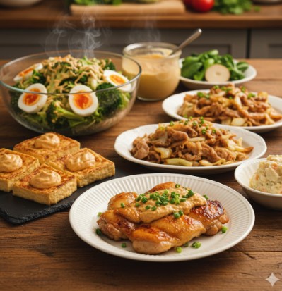 木製の食卓に並べられた、味噌マヨネーズソースを使った様々な料理：鶏もも肉の味噌マヨ焼き、厚揚げの田楽風、ブロッコリーとゆで卵の和え物、豚肉とキャベツの味噌マヨ炒め