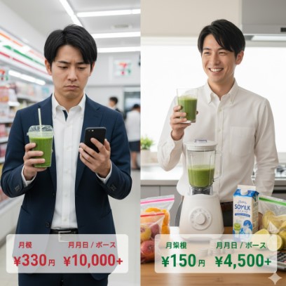 左右で比較された画像。左側では、スーツ姿の日本人男性がコンビニエンスストアでスムージーを手に持ち、スマートフォンの画面を見て不満げな表情を浮かべている。右側では、同じ男性が自宅のキッチンで自作のスムージーを笑顔で飲んでおり、ブレンダーと材料が並んでいる。