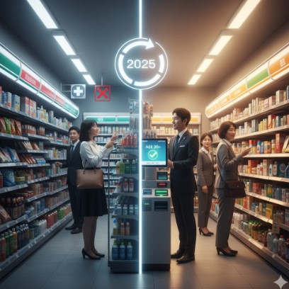 コンビニエンスストアの店内。2025年の法改正により、左側では医薬品が販売されていない現状を、右側では専門家がいなくても医薬品を販売できる未来を対比して示している。自動販売機のようなAI搭載の販売機が設置され、年齢確認をクリアした顧客が医薬品を購入している様子が描かれている。