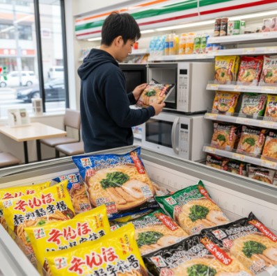 スーパーの冷凍ケースに陳列されたキンレイの「お水がいらない 横浜家系ラーメン」のパッケージがアップで写っており、その周辺には他の冷凍麺類商品が見える。