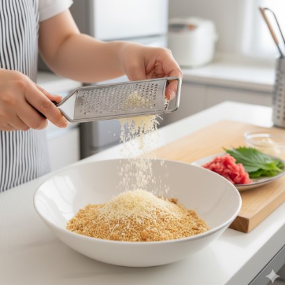 キッチンで、ストライプのエプロンを着た女性が、ボウルに入ったパン粉の上に粉チーズを削り入れている。