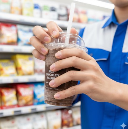セブンイレブンの店員が、完成したリッチチョコレートフラッペにストローを挿し、カップのフタをしっかりと閉めている様子。フラッペは均一に混ざっており、美味しそうな仕上がりになっている。