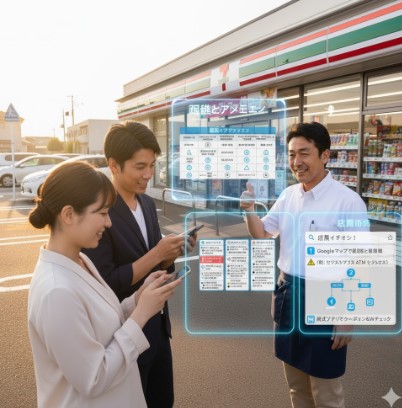 コンビニ店長と客が会話しながら、スマートフォンの画面にオーバーレイ表示された「距離とアメニティ」というタイトルのアプリ比較表と、店長のおすすめする検索フローを見ている様子。