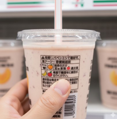 セブンイレブンスムージーのカップを持ち、パッケージのアレルギー表示（ピクトグラムで乳、オレンジ、大豆、バナナ、りんごなどが示されている）を確認している手元。