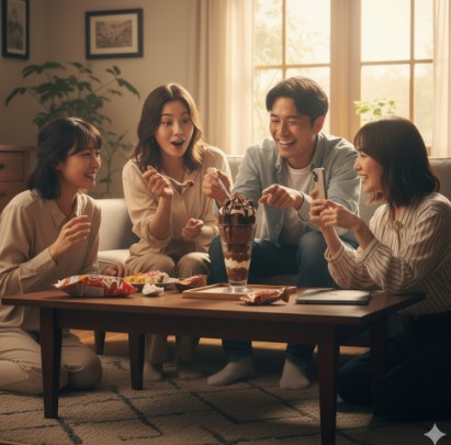 週末に、日本の自宅のリビングで、友人または家族が大きな限定スイーツを分け合って笑顔で食べている様子。「ご褒美」と「シェア」という限定スイーツの価値を表す。