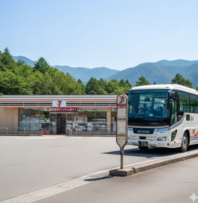 日本のコンビニエンスストアのすぐ目の前にある高速バスの停留所。高速バスが停留所に停車しようとしている。