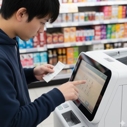 マルチコピー機のタッチパネルで8桁のプリント予約番号を入力する手順のイメージ