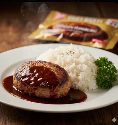 皿に盛られた熱々の金のハンバーグ、デミグラスソースがたっぷりかかり、ご飯とパセリが添えられている。背景には「金シリーズ」のパッケージ。