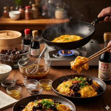 冷蔵庫内で低温水に浸されている乾燥きくらげのクローズアップ。最高のコリコリ感を出すための下準備の様子。