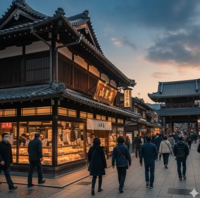 成田山新勝寺の参道に立つ老舗和菓子店「なごみの米屋」の夜景。