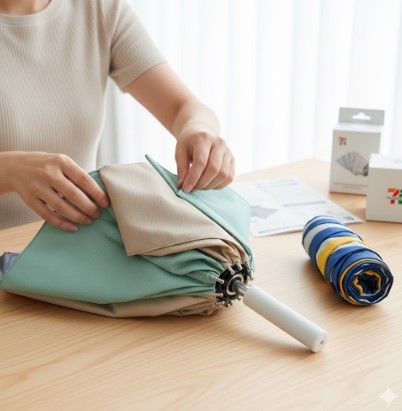 セブンイレブンの「+TIC LITE」の傘生地を交換しているアジア人女性の手元。交換可能な部品が見える。