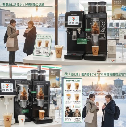 寒冷地でのホットドリンク需要、高品質な乳製品市場、観光客と地元客のデータ収集という3つの理由を示す函館のセブンイレブン紅茶マシンの説明画像。