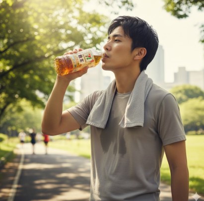 - ジョギング後に麦茶で水分補給をする日本の若い男性