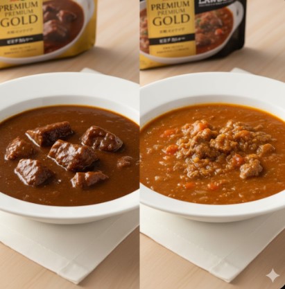 2分割された画面の左側にはセブンイレブンの金のビーフカレー（肉がゴロゴロと入った濃厚なルー）が、右側にはローソンのプレミアムビーフカレー（ひき肉や野菜が入った軽やかなルー）がそれぞれ白い皿に盛られており、背景にはそれぞれのレトルトパッケージが見える。