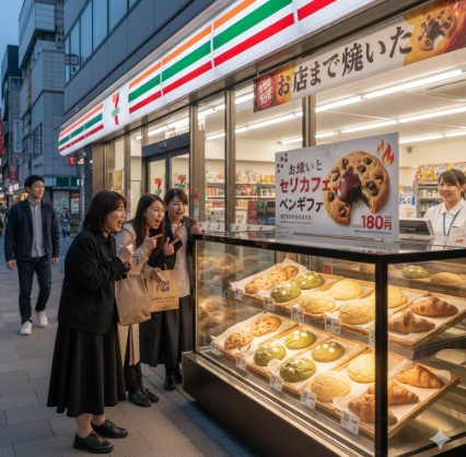 夜のセブンイレブンの店外に設置された「セブンカフェ ベーカリー」のショーケース。焼きたてのクッキーやパンが並び、通りかかった3人の日本人女性客が驚きと喜びの表情で指を差している。