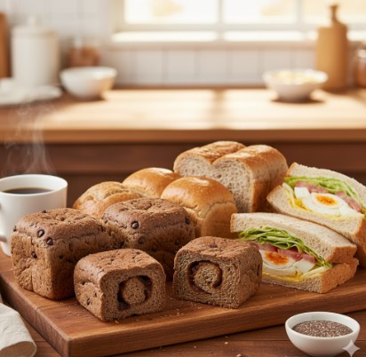 ベースブレッドや全粒粉入り食パンなど、セブンイレブンで買える高たんぱく質なパン類のイメージ。