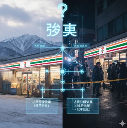 雪山の背景に北海道のセブンイレブンと、雨の夜に報道陣が集まる大阪のセブンイレブンを左右に配置し、それぞれの事件を関連付けるイメージ。