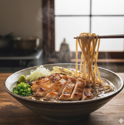 湯気が立ち上る温かい肉そばが美味しそうに盛り付けられた器。焦げ目のついた鶏肉と青ネギがトッピングされており、箸で麺が持ち上げられている。