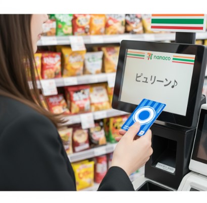 セブンイレブンのセミセルフレジでnanacoカードを読み取り機にかざして支払いをする日本人女性。